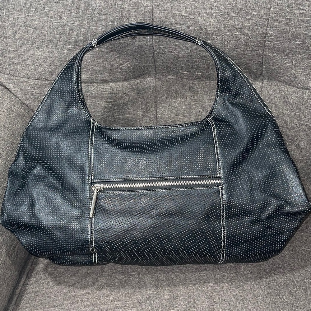 Heshe Large Black and Bronze Faux Leather Hand Shoulder Bag Hole Canvas Details